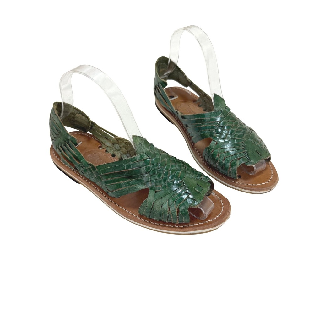 Frutos Mexican Leather Huarache Sandals Est Sz 7 Green Woven Handcrafted Flats
